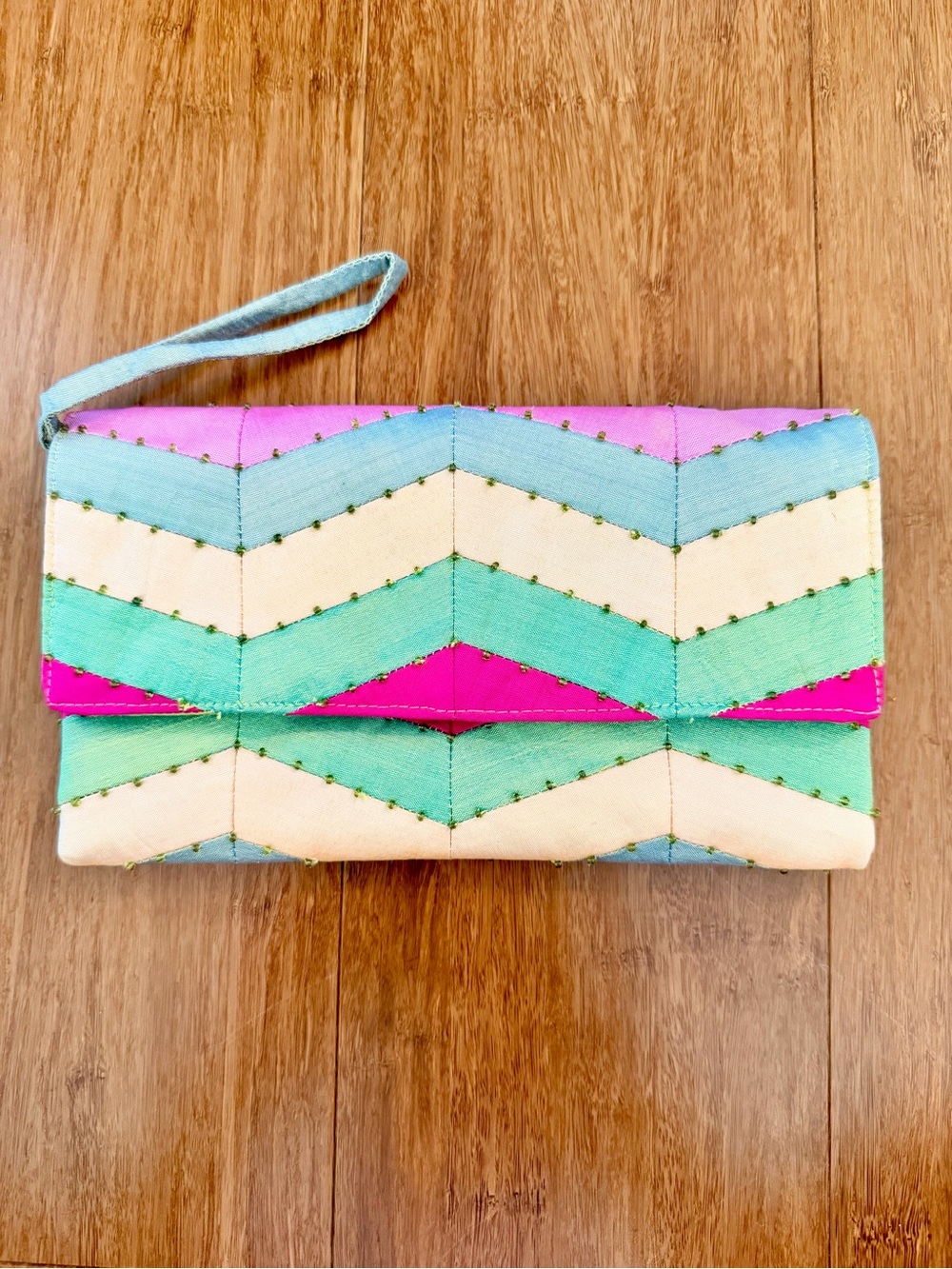 Silk Chevron Wristlet Clutch in Pastel Pink, Mint & Cream